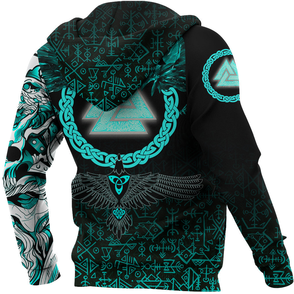Viking Zip Hoodie Three Raven and Valknut Cyan RLT12
