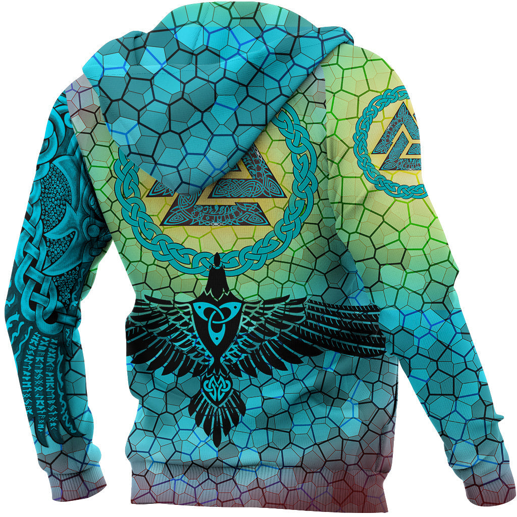 Viking Zip Hoodie - Raven Of Odin and Drakkar On Fire On Vignette Cyan Valknut RLT12