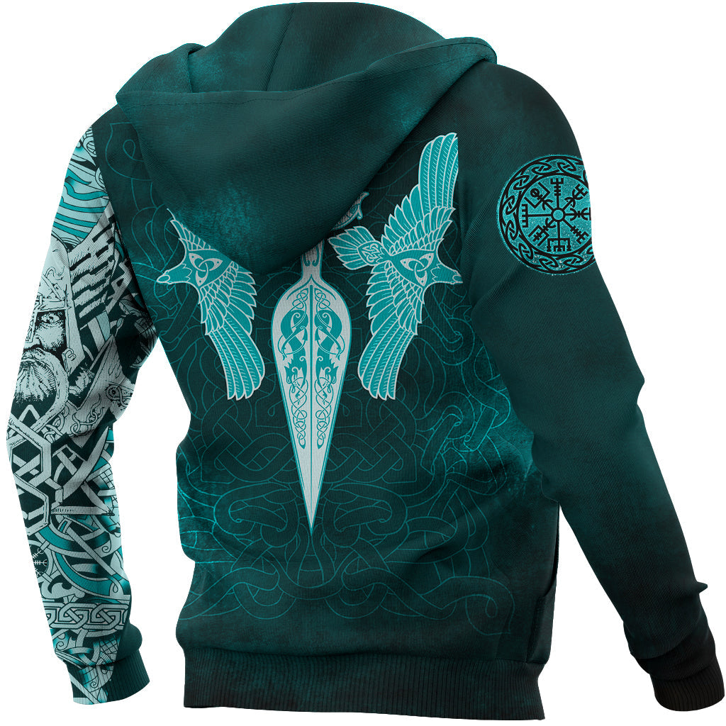 Viking Zip Hoodie - Cyan Spear Of The God Odin - Gungnir and Two Cyan Ravens Style RLT12