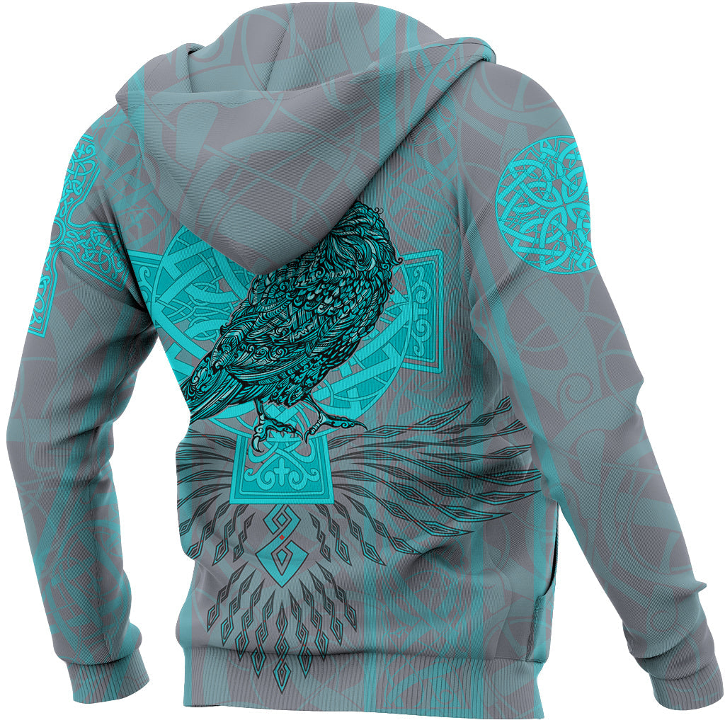 Viking Zip Hoodie Odins Celtic Raven - Scandinavian Tattoo Style Cyan RLT12