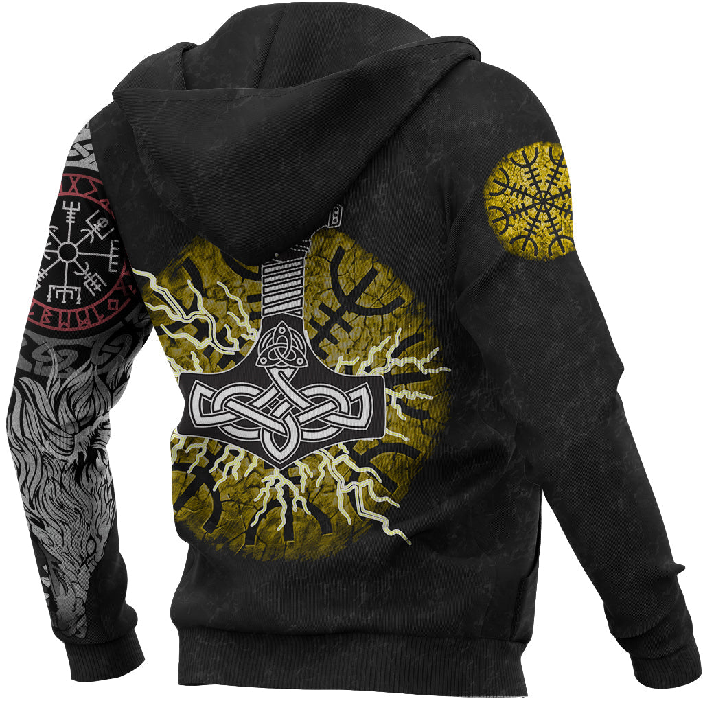 Viking Zip Hoodie - Fenrir Fight Mjolnir Of Thor On Helm Of Awe RLT12