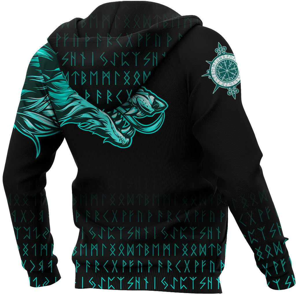 Viking Zip Hoodie Fenrir Wolf Cyan Near Shoulder RLT12