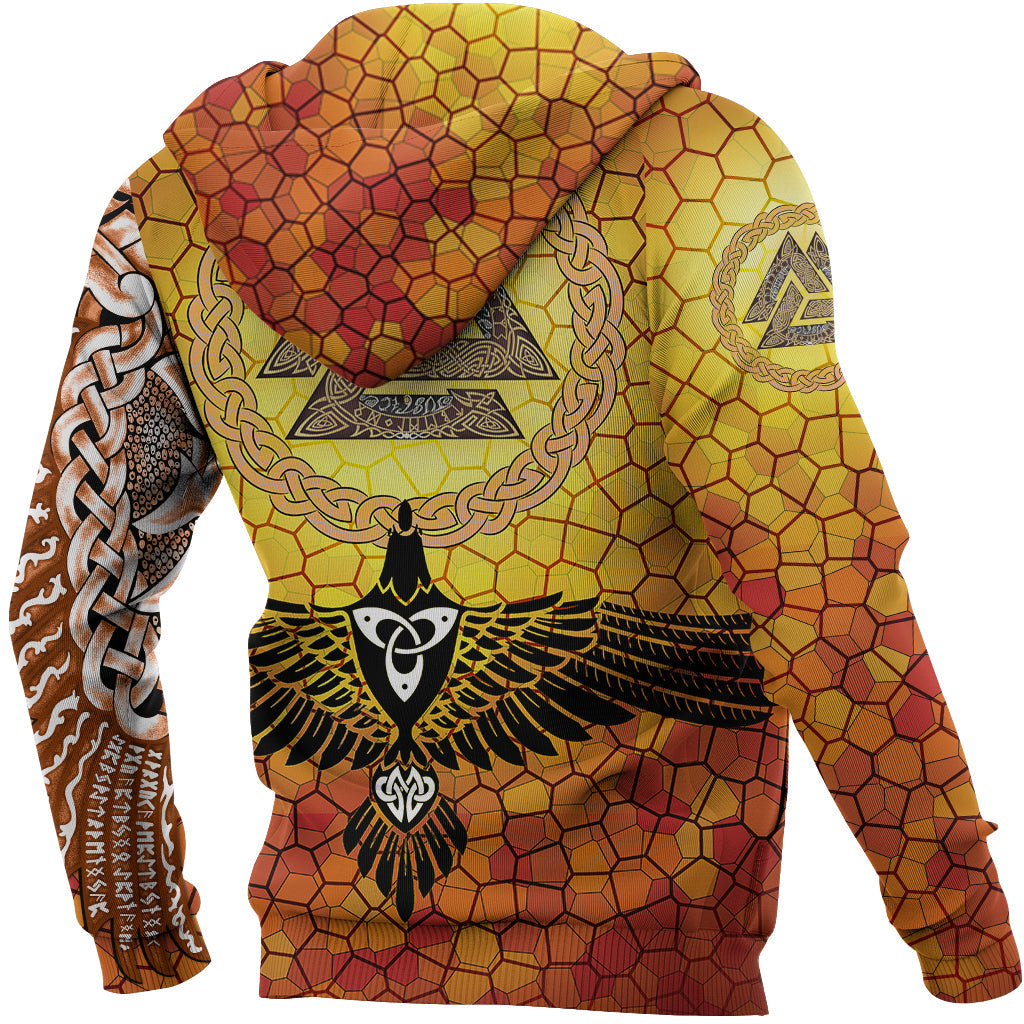 Viking Zip Hoodie - Raven Of Odin and Drakkar On Fire On Vignette Gold Valknut RLT12
