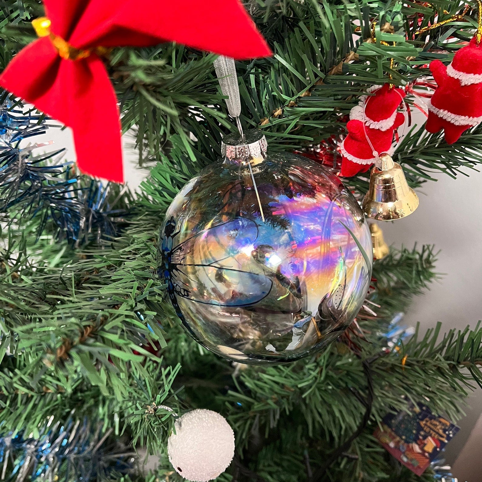 Handmade Glass Dragonfly Bauble Ball, Insect Lover Christmas Ornament, Christmas Tree Decorative Hanging, Gift For Holiday