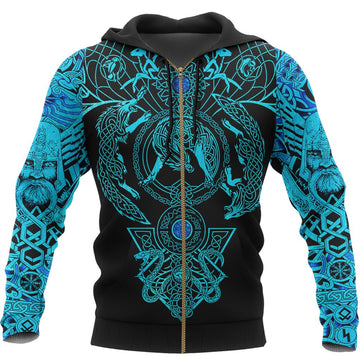 Viking Hoodie Tattoo All Over Print Blue (Zip) RLT12