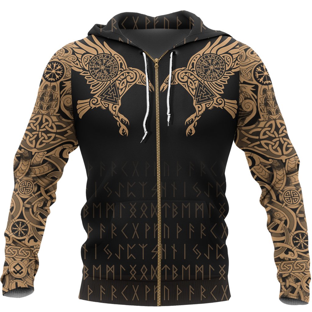 Viking Hoodie The Raven Of Odin Tattoo Special Gold (Zip) RLT12
