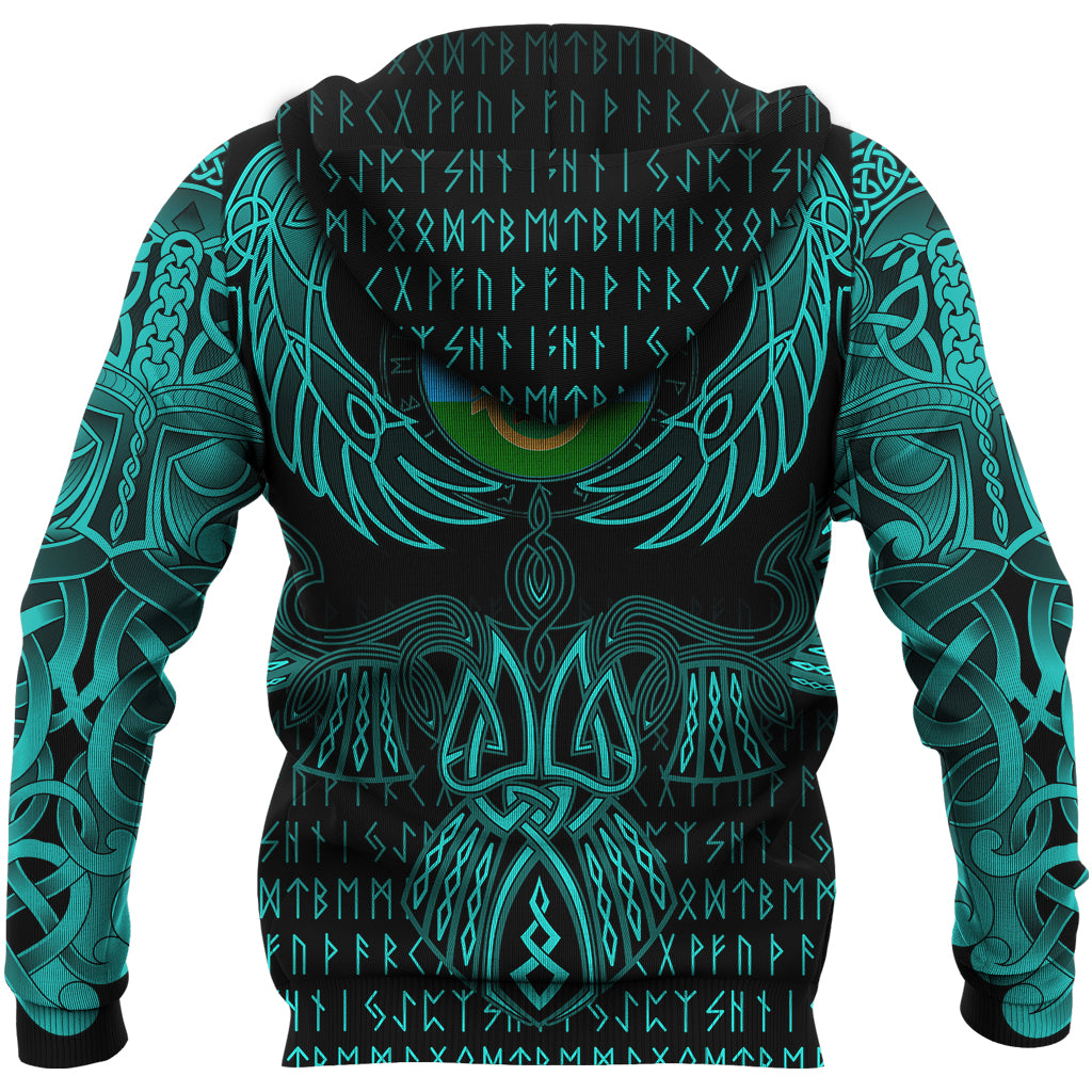 Viking Karelia Zip Hoodie Valknut of Odin Cyan RLT12