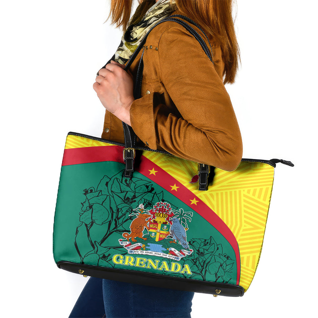 Grenada Leather Tote Bag Coat Of Arms With Bougainvillea Flowers LT7