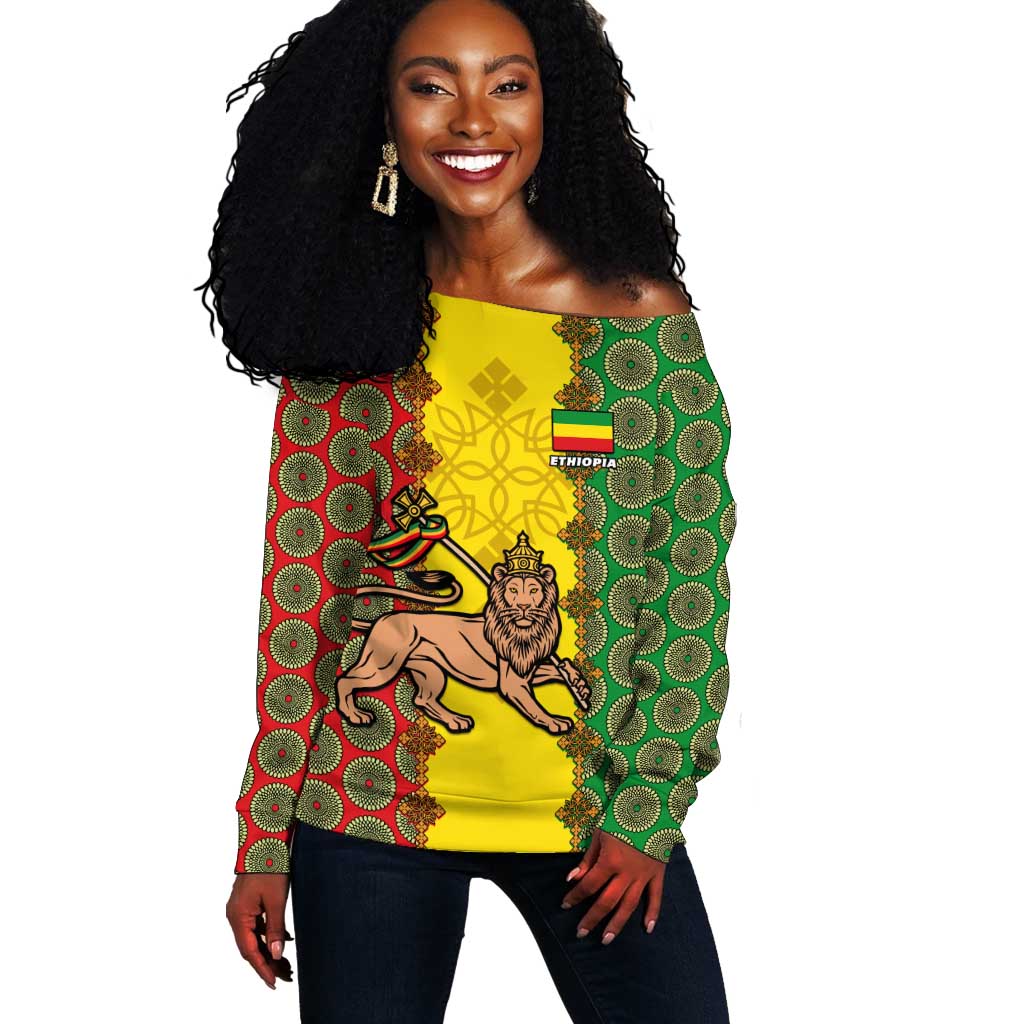 Personalized Ethiopia Off Shoulder Sweater with Lion of Judah and African Pattern Design LT01