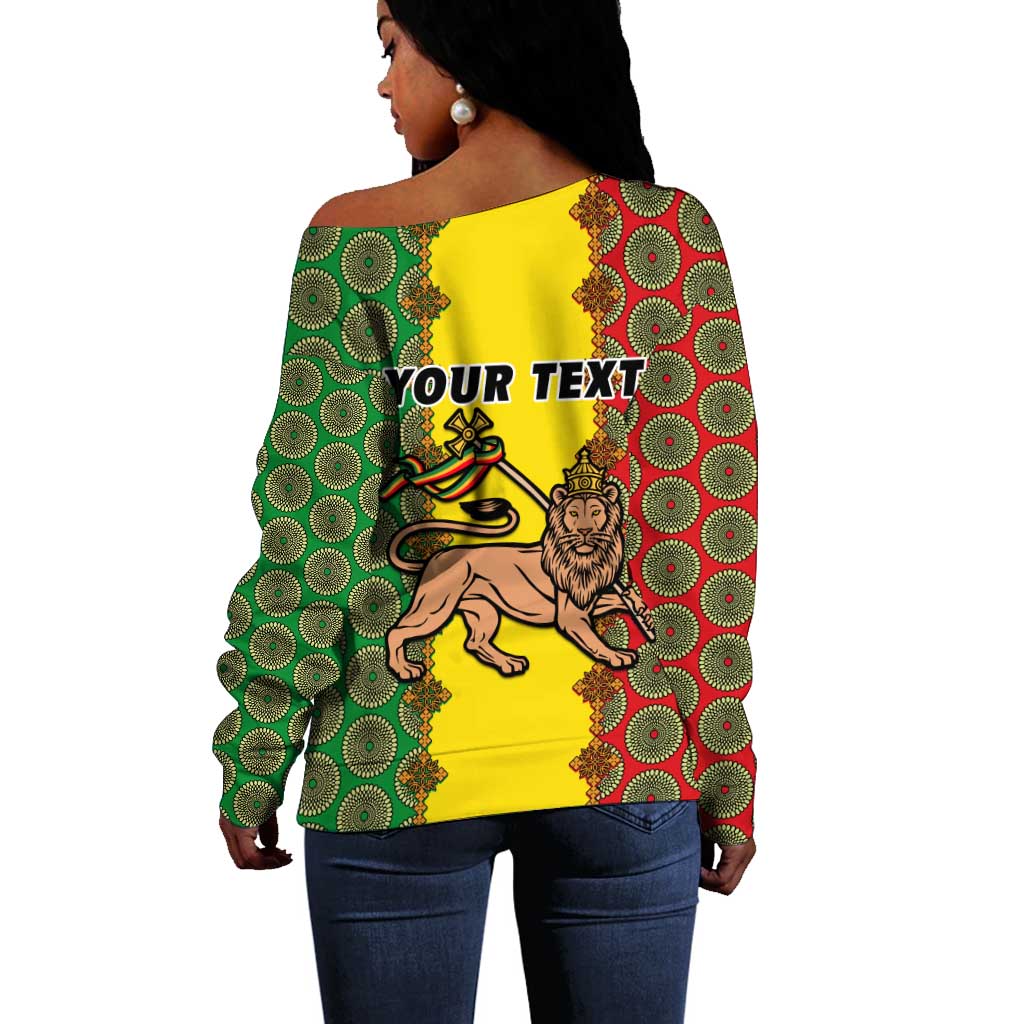 Personalized Ethiopia Off Shoulder Sweater with Lion of Judah and African Pattern Design LT01