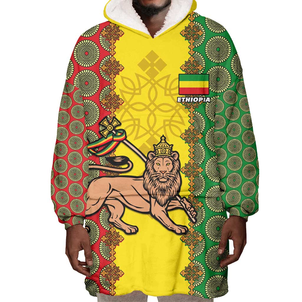 Personalized Ethiopia Wearable Blanket Hoodie with Lion of Judah and African Pattern Design LT01
