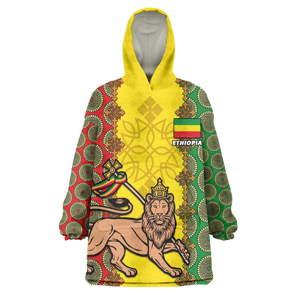 Personalized Ethiopia Wearable Blanket Hoodie with Lion of Judah and African Pattern Design LT01