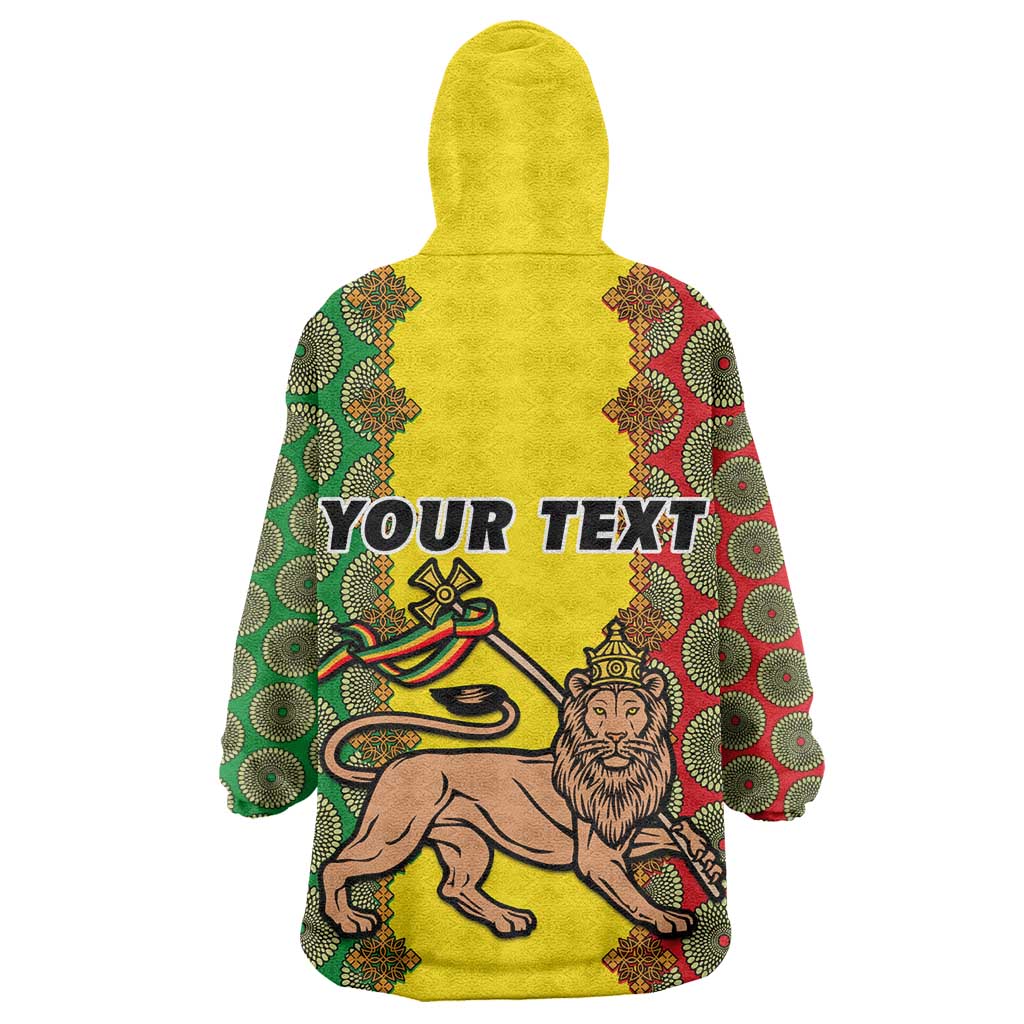 Personalized Ethiopia Wearable Blanket Hoodie with Lion of Judah and African Pattern Design LT01