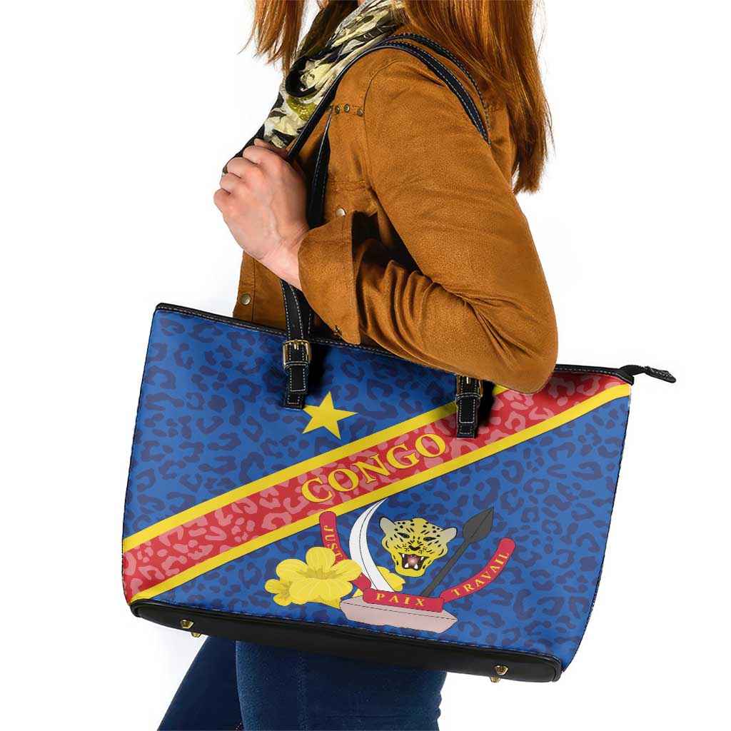 Congo DR Leather Tote Bag Coat Of Arms Leopard Pattern LT01