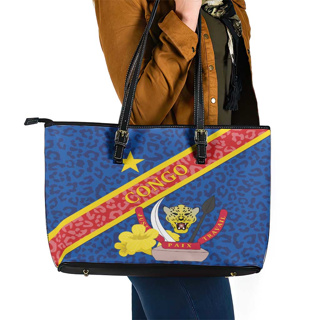 Congo DR Leather Tote Bag Coat Of Arms Leopard Pattern LT01