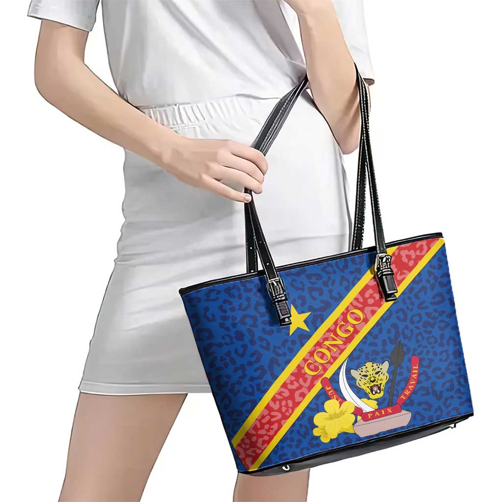 Congo DR Leather Tote Bag Coat Of Arms Leopard Pattern LT01