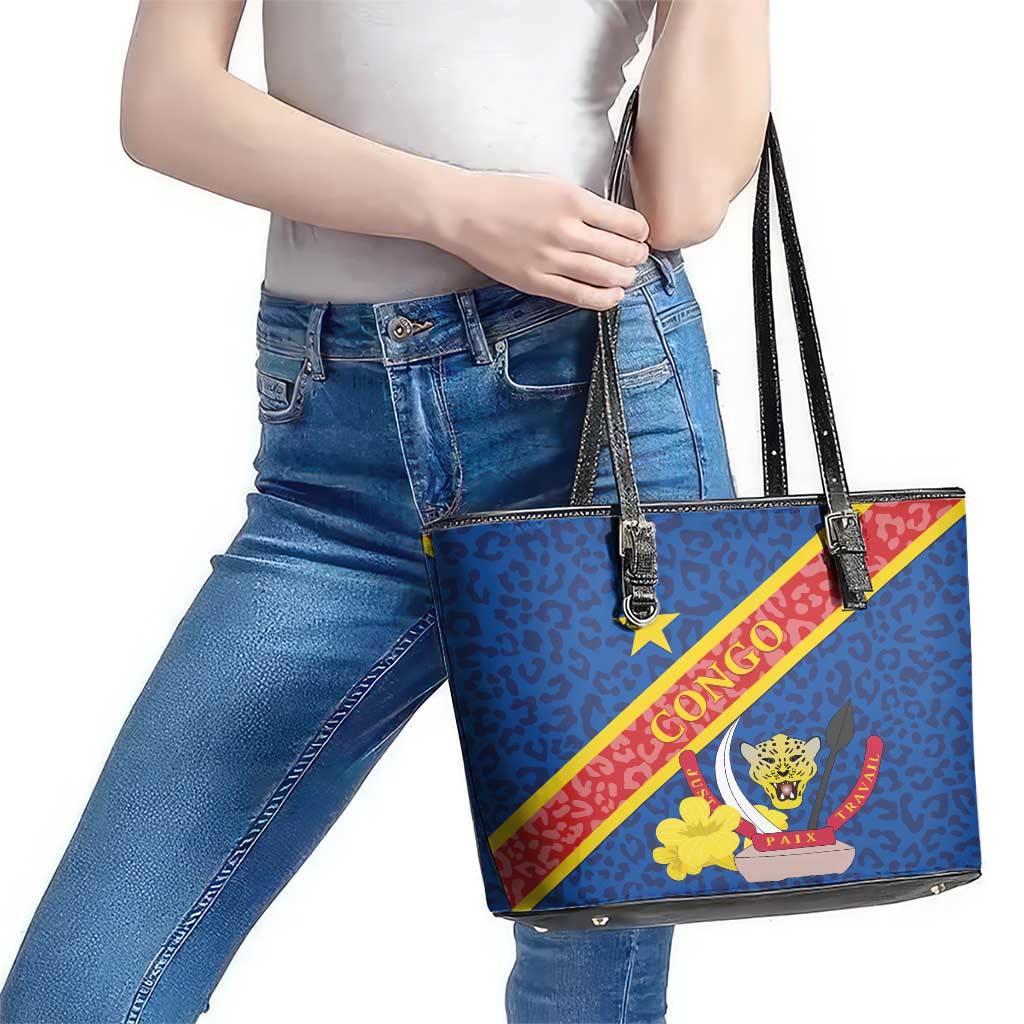 Congo DR Leather Tote Bag Coat Of Arms Leopard Pattern LT01