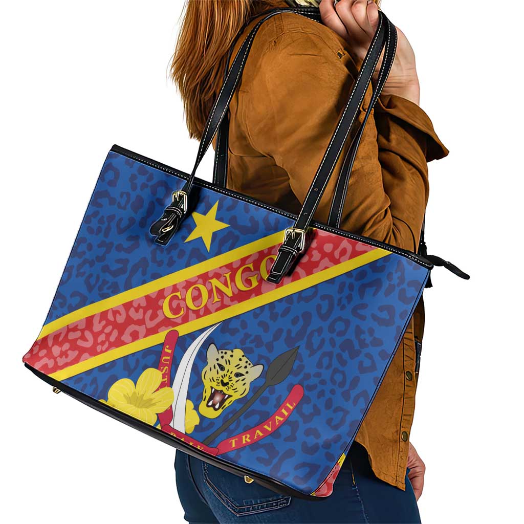 Congo DR Leather Tote Bag Coat Of Arms Leopard Pattern LT01