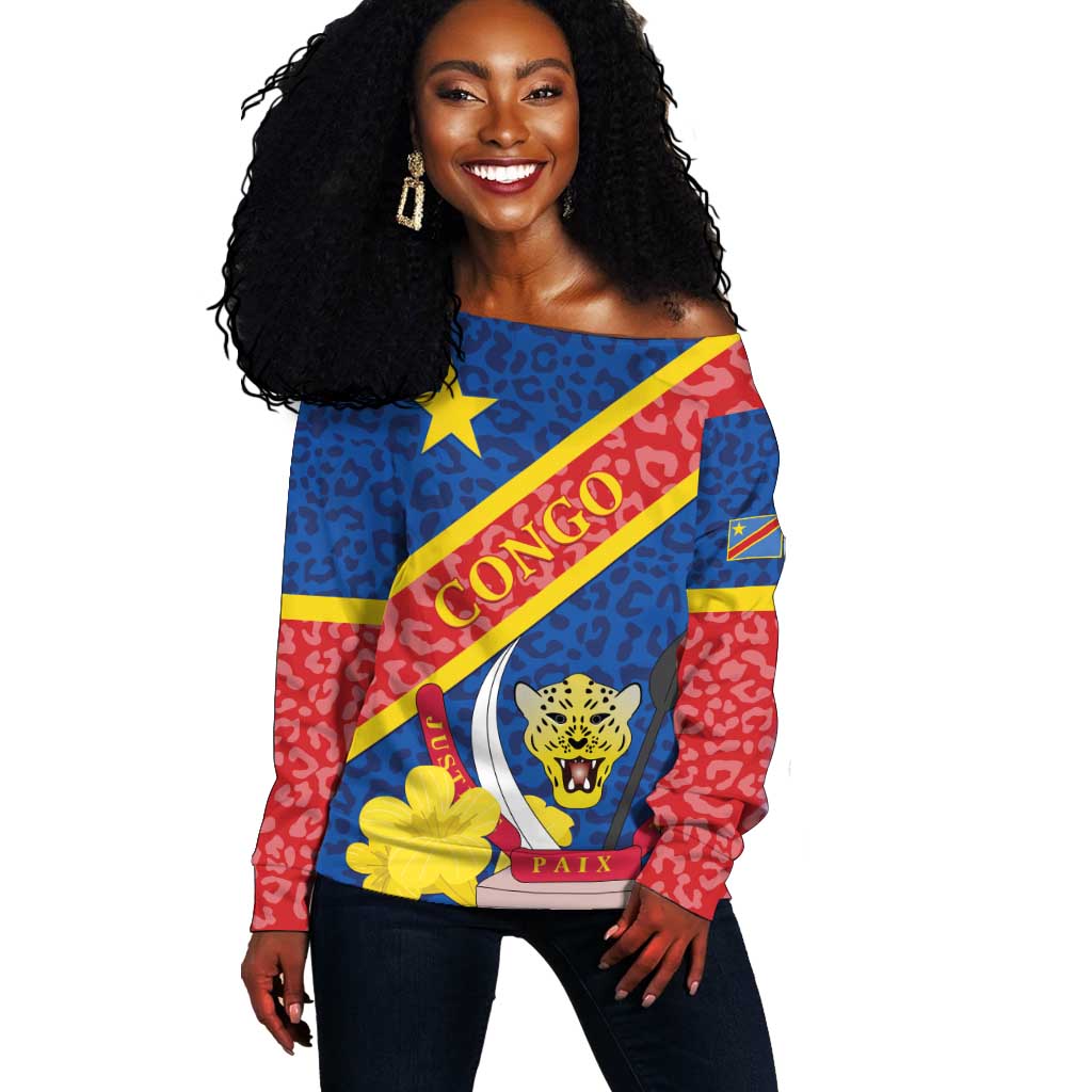 Congo DR Off Shoulder Sweater Coat Of Arms Leopard Pattern LT01