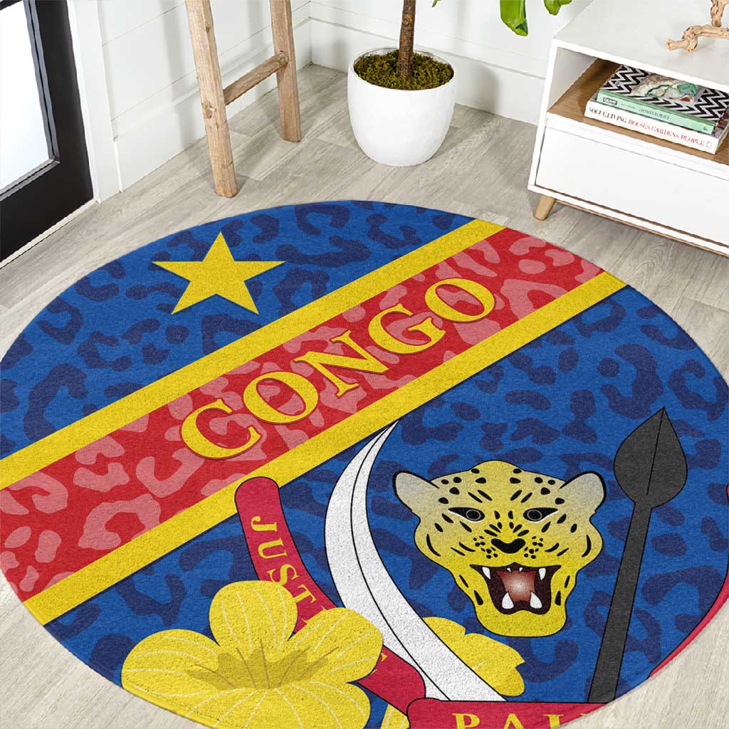 Congo DR Round Carpet Coat Of Arms Leopard Pattern LT01