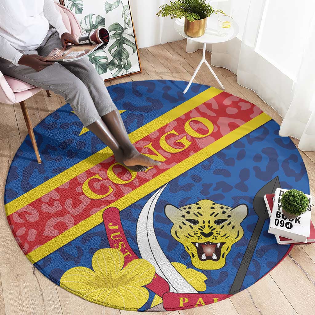 Congo DR Round Carpet Coat Of Arms Leopard Pattern LT01