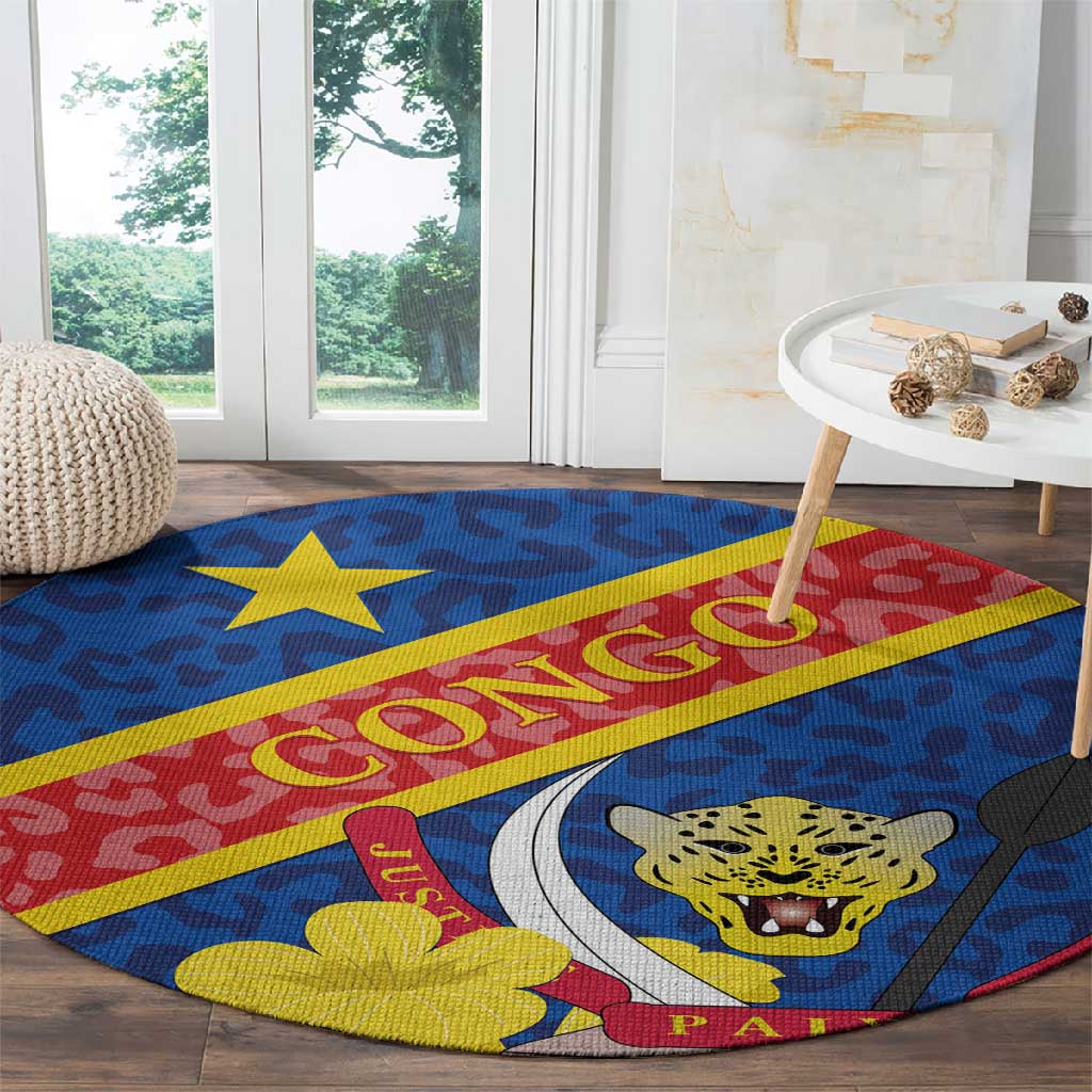 Congo DR Round Carpet Coat Of Arms Leopard Pattern LT01