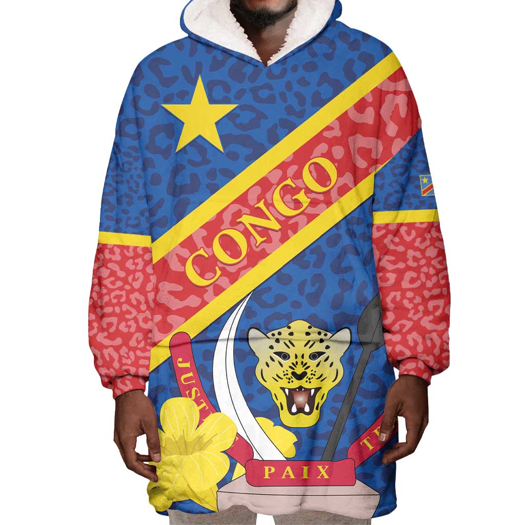 Congo DR Wearable Blanket Hoodie Coat Of Arms Leopard Pattern LT01