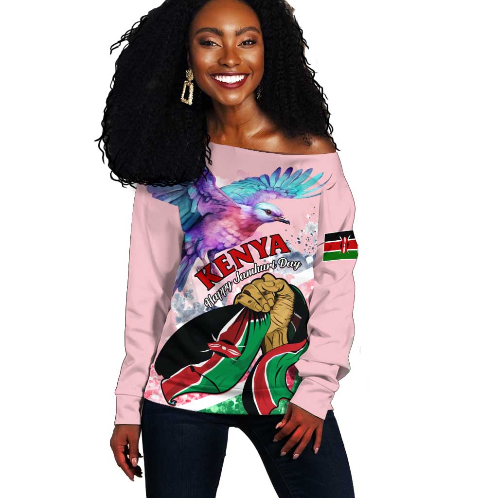 Personalized Kenya Independence Day Off Shoulder Sweater with Lilac Breasted Roller - Unique Version LT01