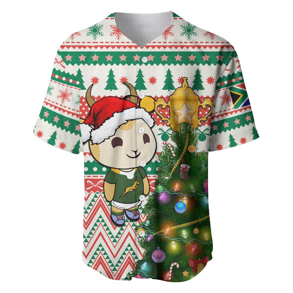 Personalized South Africa Rugby Christmas Baseball Jersey with Cute Springbok and Christmas Tree LT01