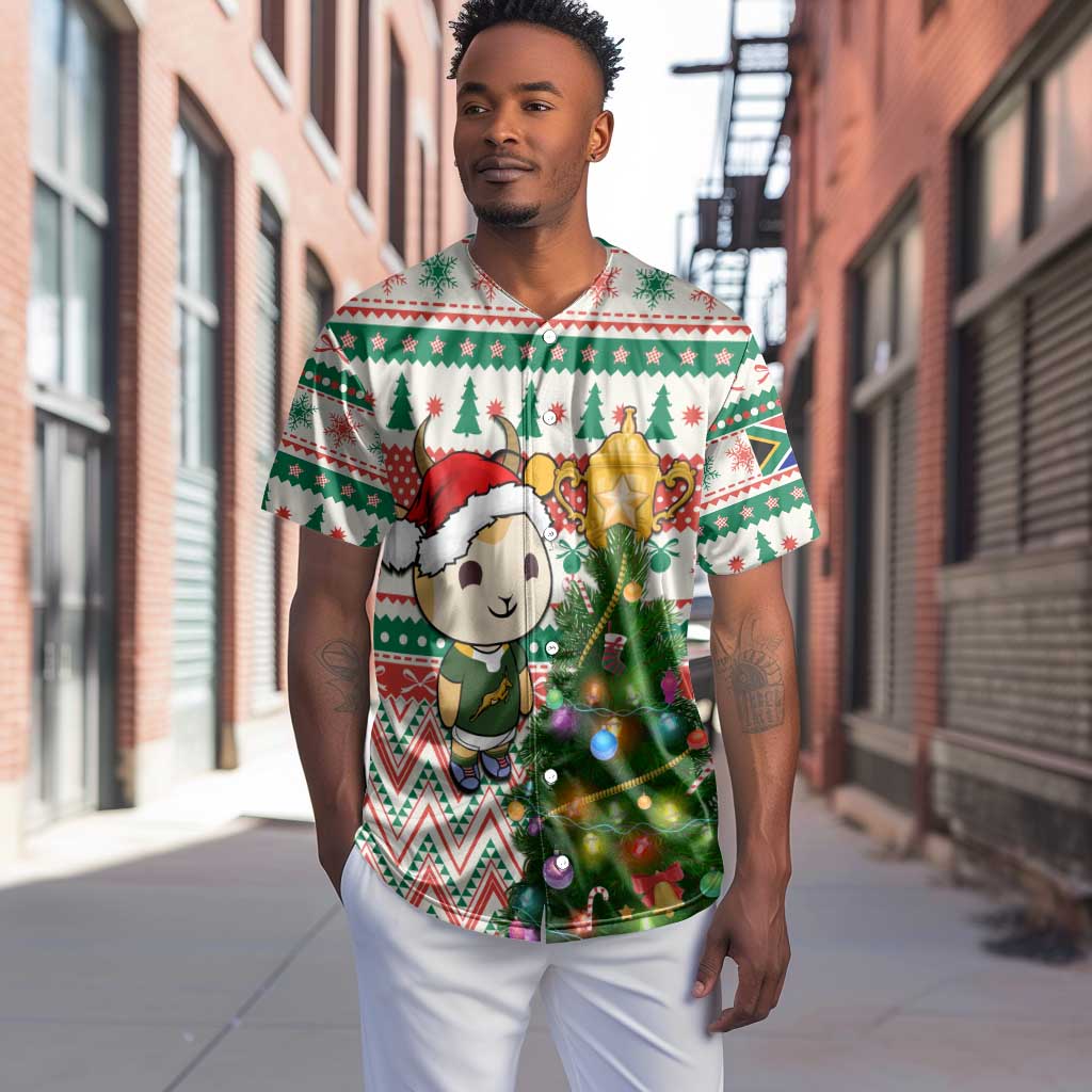 Personalized South Africa Rugby Christmas Baseball Jersey with Cute Springbok and Christmas Tree LT01