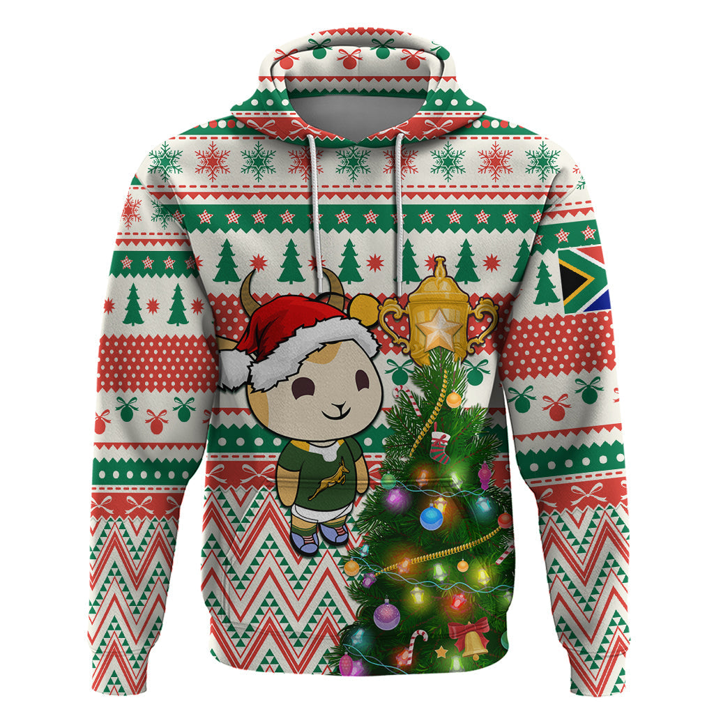 Personalised South Africa Rugby Christmas Hoodie Cute Springbok With Christmas Tree LT01