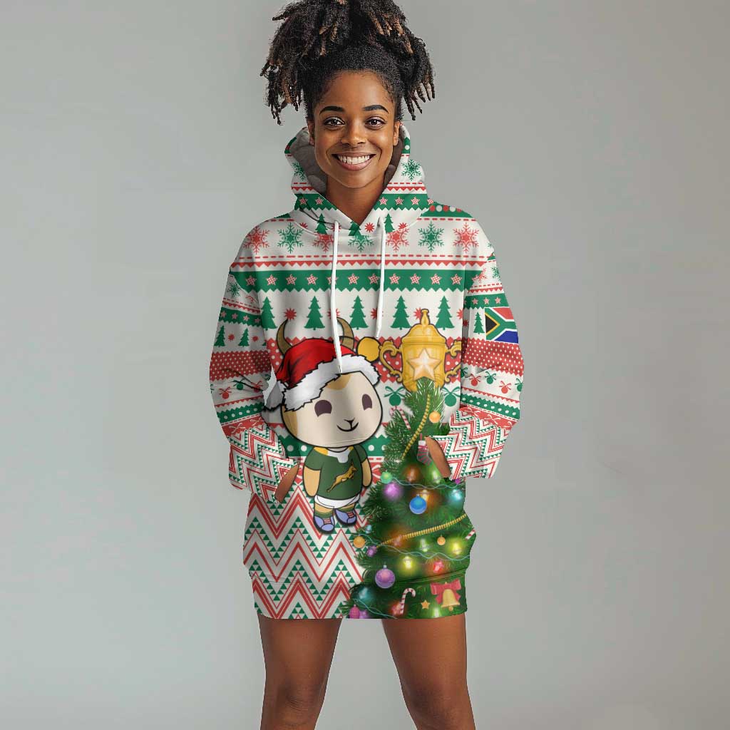 Personalized South Africa Rugby Christmas Hoodie Dress with Cute Springbok and Christmas Tree LT01