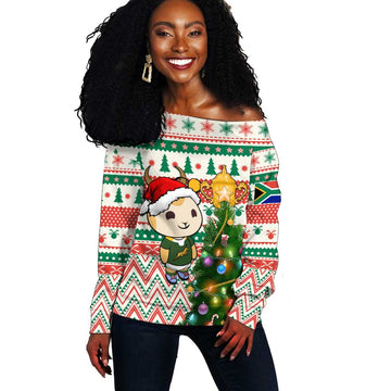 Personalized South Africa Rugby Christmas Off Shoulder Sweater with Cute Springbok and Christmas Tree LT01