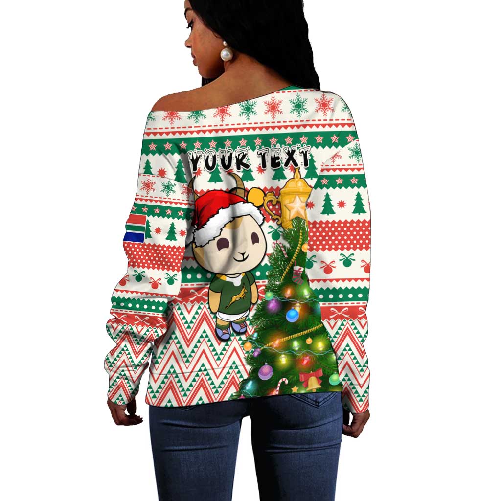 Personalized South Africa Rugby Christmas Off Shoulder Sweater with Cute Springbok and Christmas Tree LT01