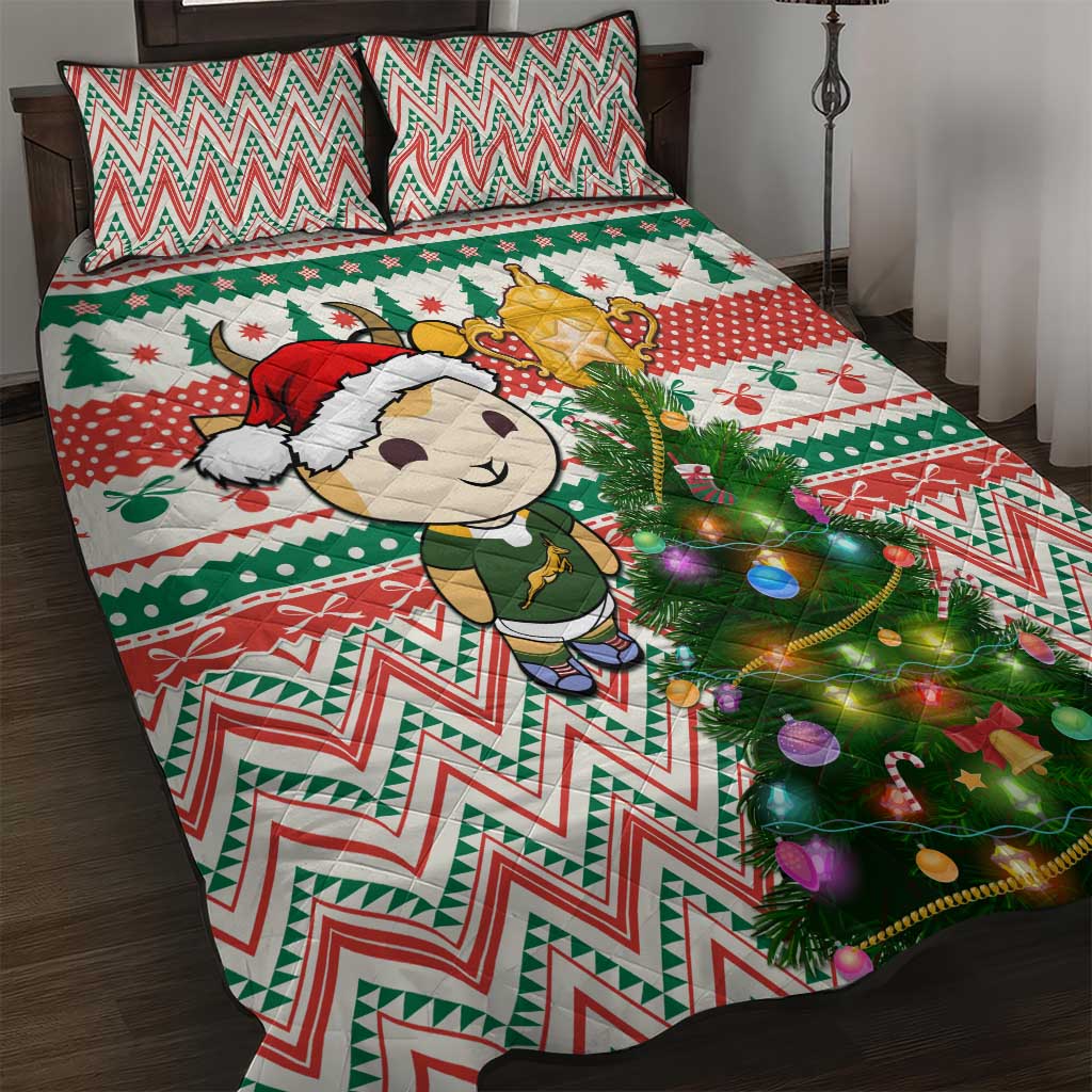 South Africa Rugby Christmas Quilt Bed Set with Cute Springbok and Christmas Tree LT01