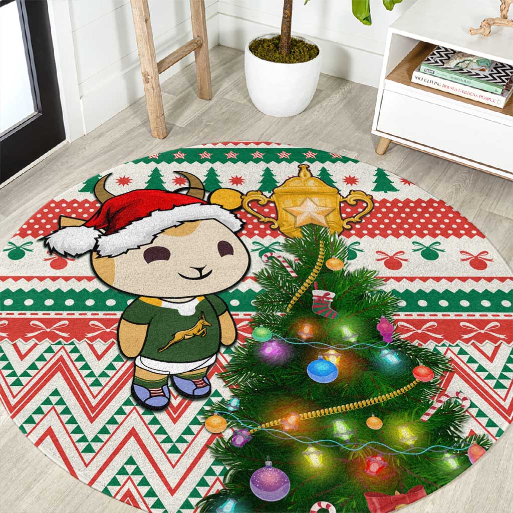 South Africa Rugby Christmas Round Carpet with Cute Springbok and Christmas Tree LT01