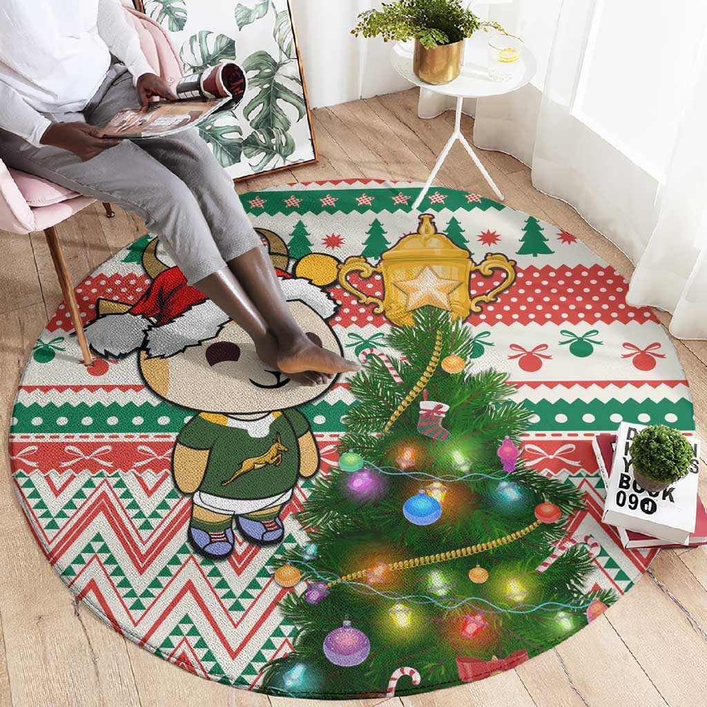 South Africa Rugby Christmas Round Carpet with Cute Springbok and Christmas Tree LT01