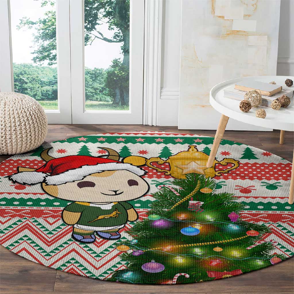 South Africa Rugby Christmas Round Carpet with Cute Springbok and Christmas Tree LT01