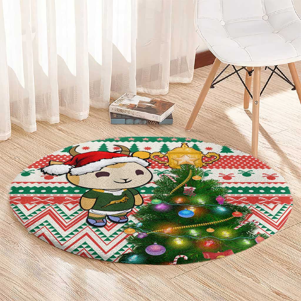 South Africa Rugby Christmas Round Carpet with Cute Springbok and Christmas Tree LT01