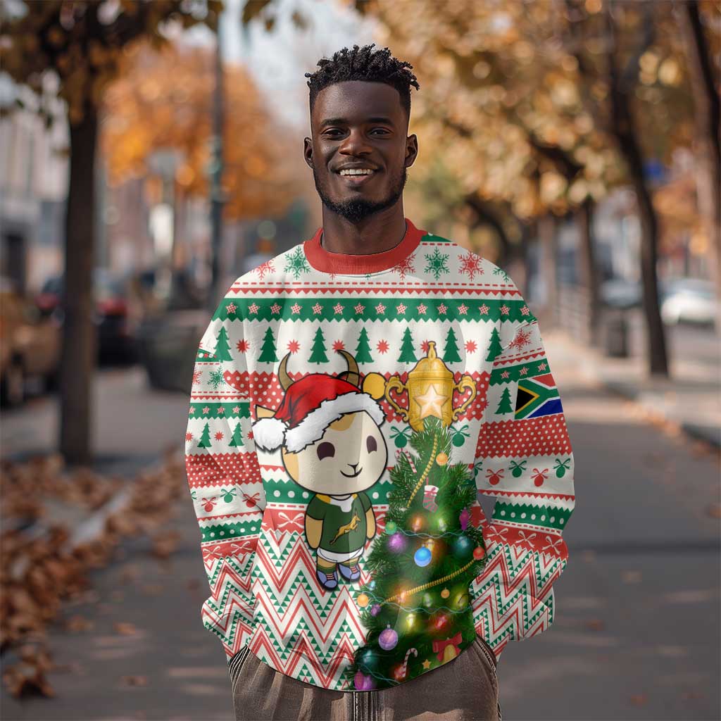 Personalized South Africa Rugby Christmas Sweatshirt with Cute Springbok and Christmas Tree LT01