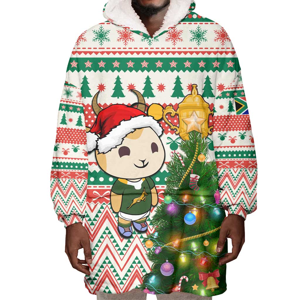 Personalized South Africa Rugby Christmas Wearable Blanket Hoodie with Cute Springbok and Christmas Tree LT01