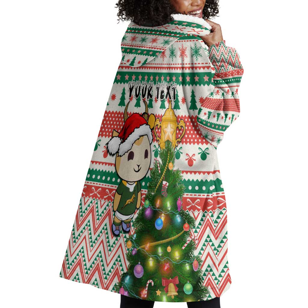Personalized South Africa Rugby Christmas Wearable Blanket Hoodie with Cute Springbok and Christmas Tree LT01