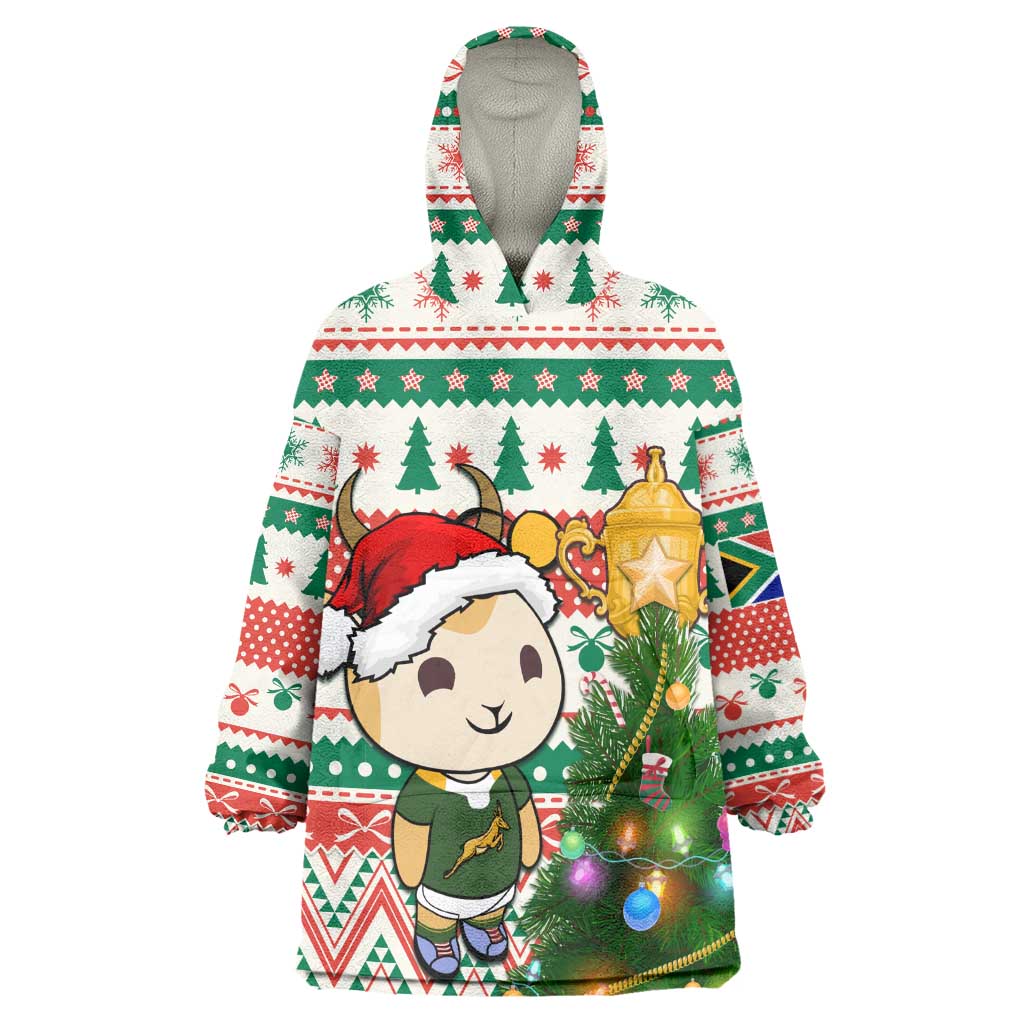Personalized South Africa Rugby Christmas Wearable Blanket Hoodie with Cute Springbok and Christmas Tree LT01