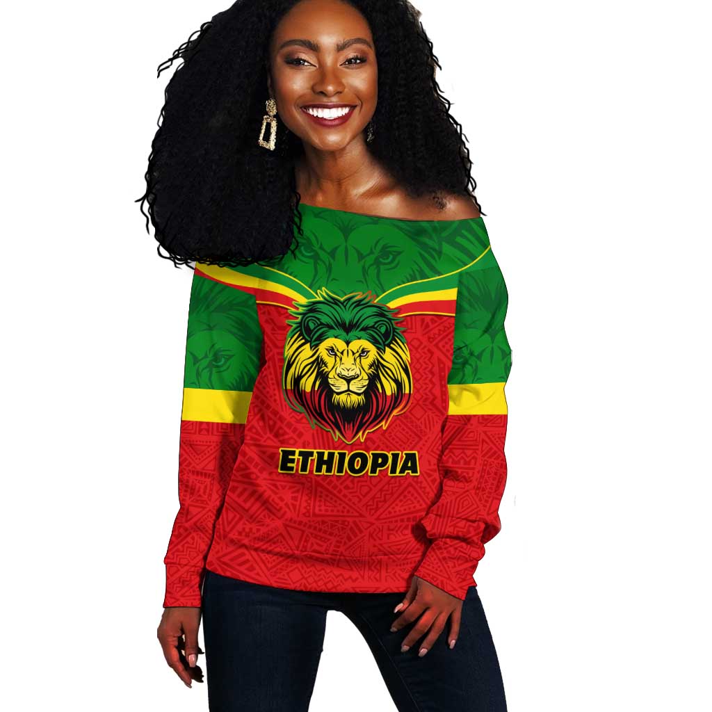 Personalized Ethiopia Off Shoulder Sweater with Lion of Judah Flag Style - Special Version LT01