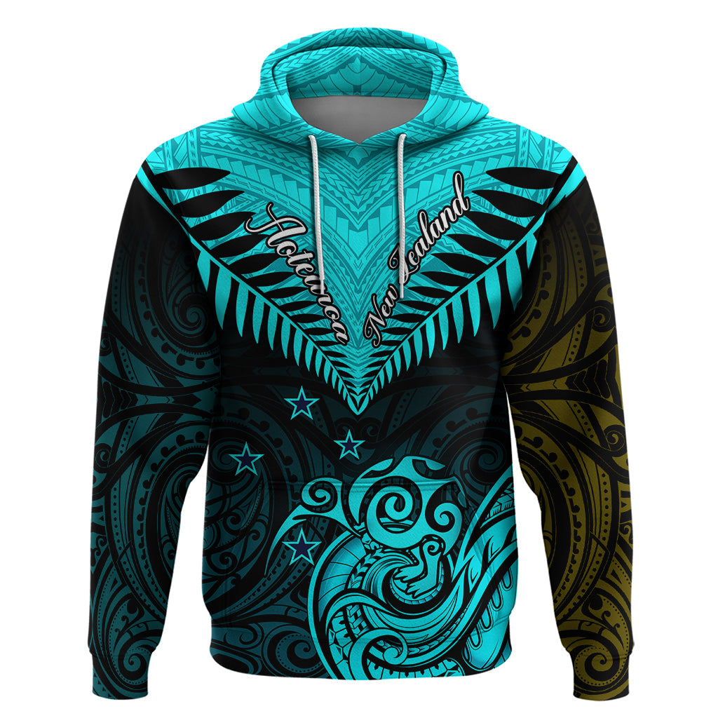 Personalised Aotearoa Hoodie Maori Kiwi Turquoise Fern LT01