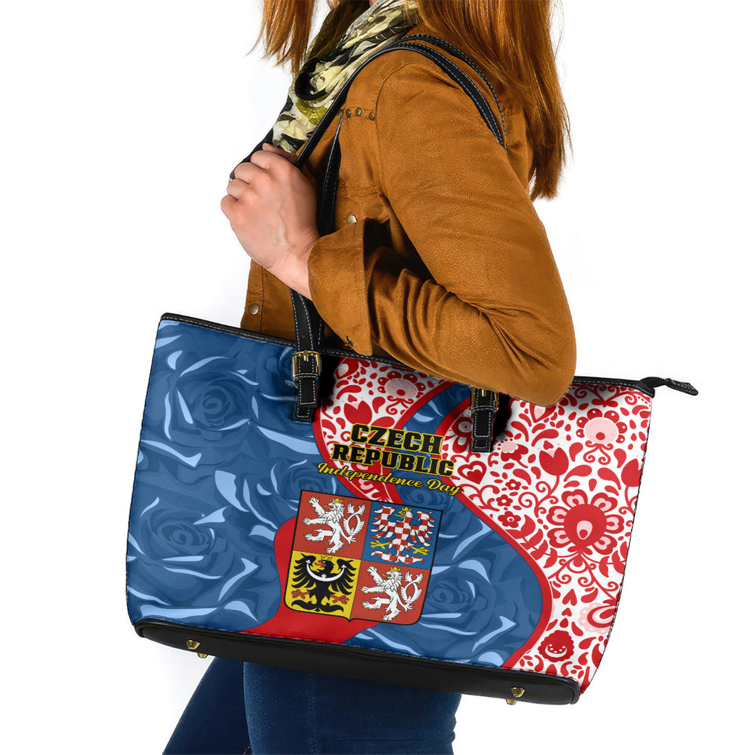 Czech Republic Independence Day Leather Tote Bag Czechia Coat Of Arms Embroidery Motif LT01