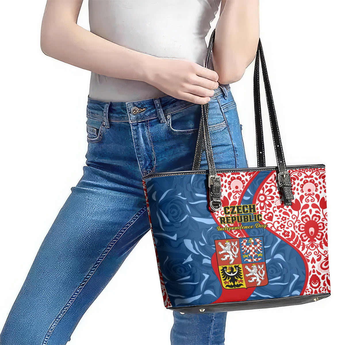 Czech Republic Independence Day Leather Tote Bag Czechia Coat Of Arms Embroidery Motif LT01