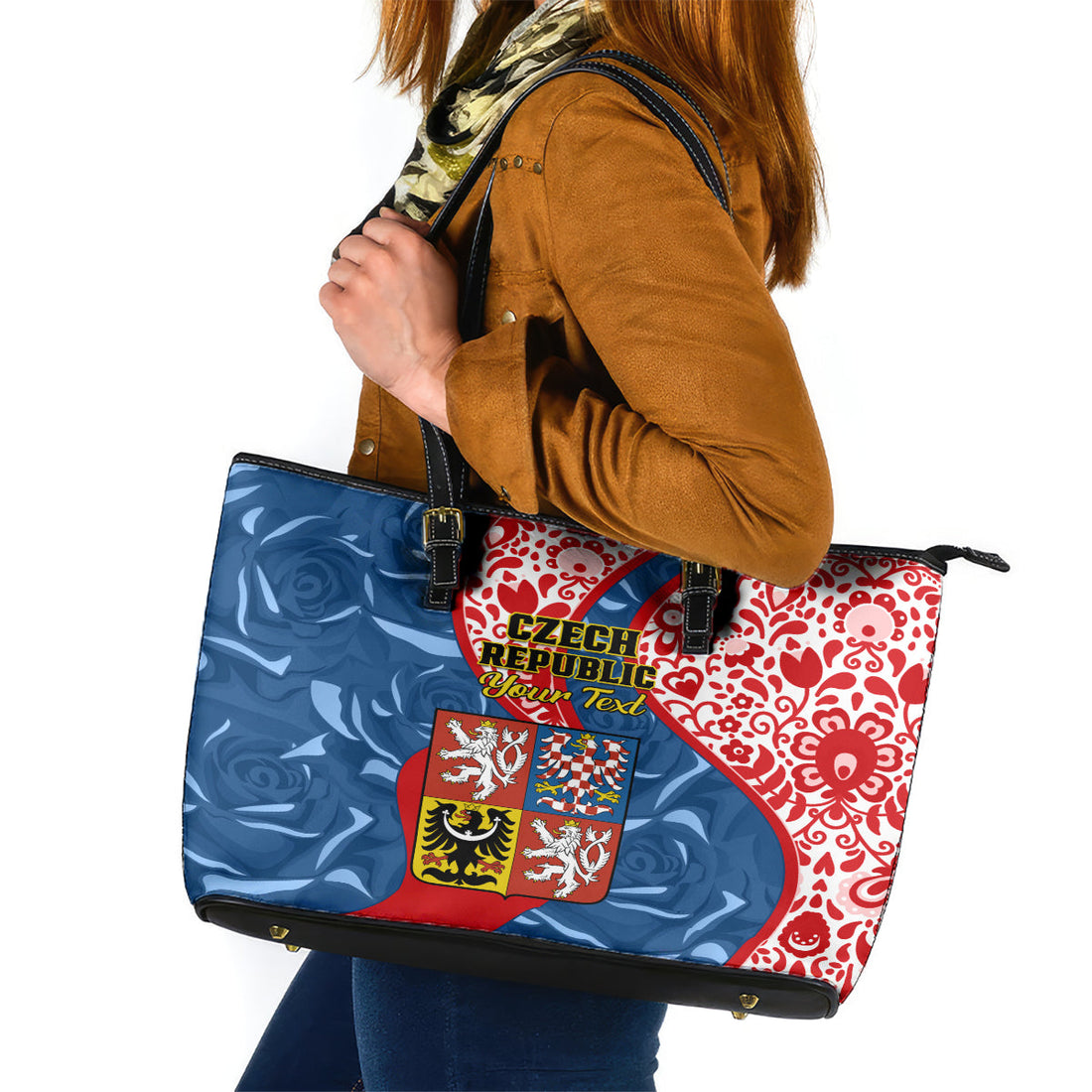 Personalised Czech Republic Independence Day Leather Tote Bag Czechia Coat Of Arms Embroidery Motif LT01