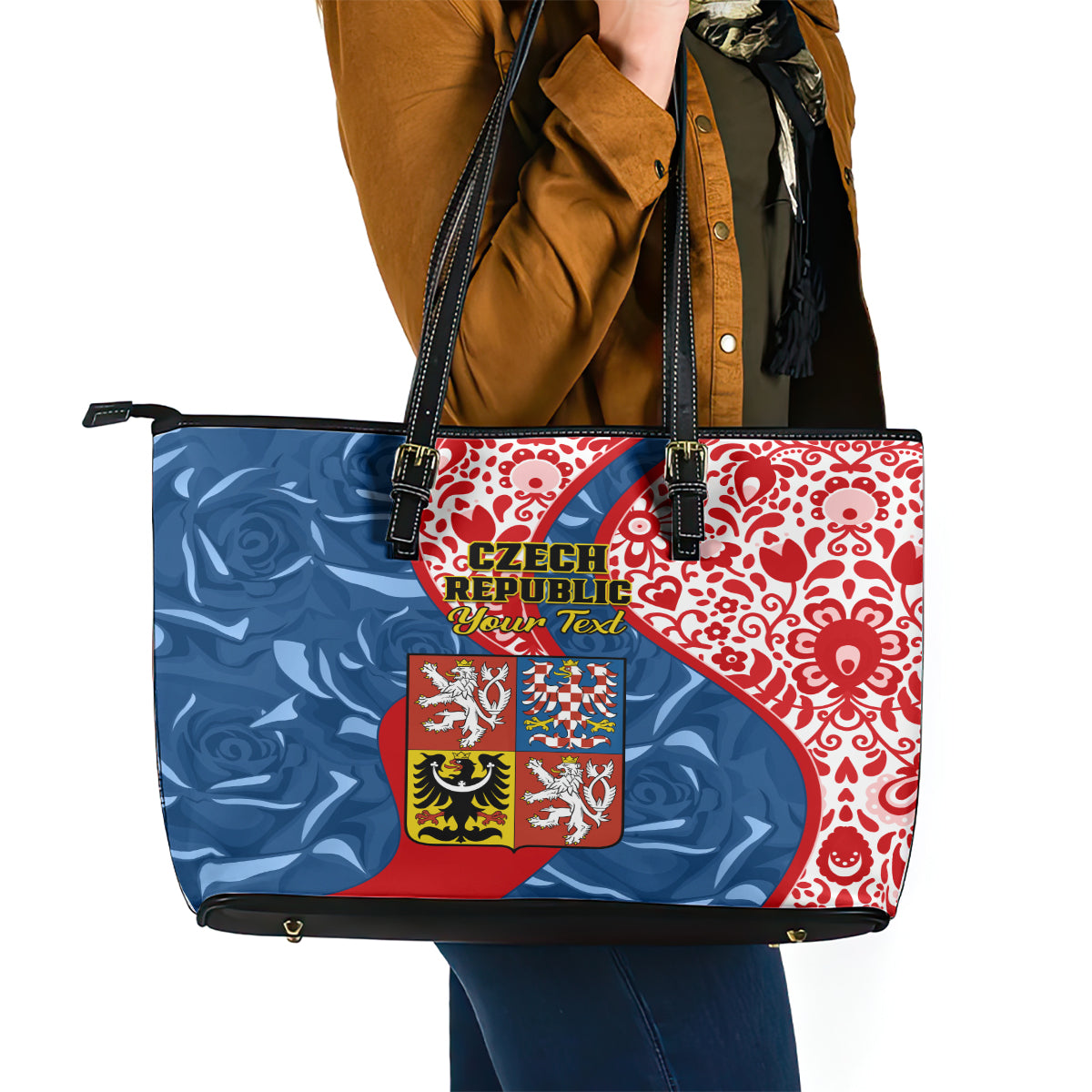 Personalised Czech Republic Independence Day Leather Tote Bag Czechia Coat Of Arms Embroidery Motif LT01