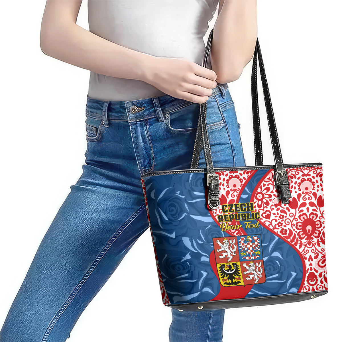 Personalised Czech Republic Independence Day Leather Tote Bag Czechia Coat Of Arms Embroidery Motif LT01